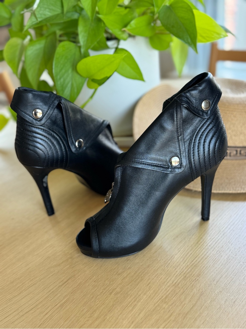Alexander McQueen Black Leather Peep-Toe Stiletto Ankle Booties